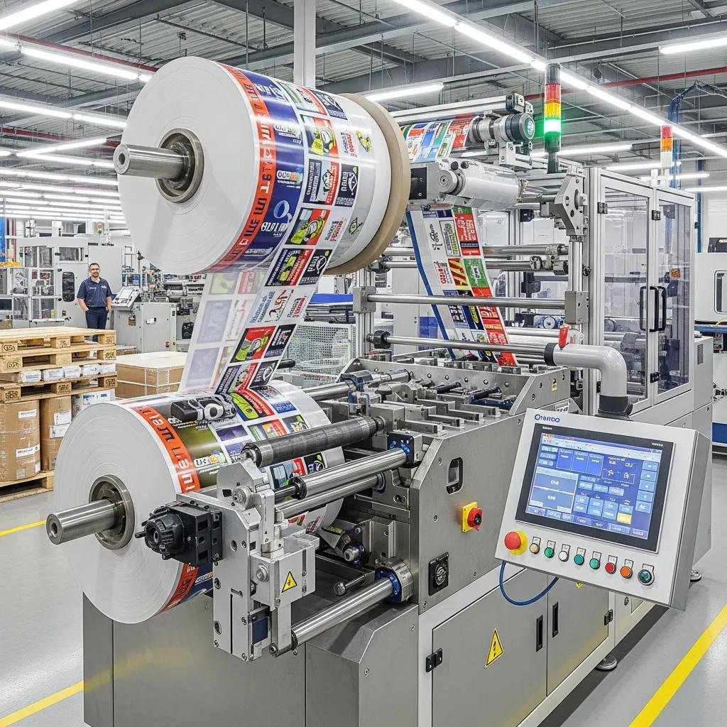 M&aacute;quina slitter rewinder de precisi&oacute;n en acci&oacute;n, cortando film impreso para la fabricaci&oacute;n de bolsas de pl&aacute;stico, con panel de control visible y etiquetas coloridas en el material.