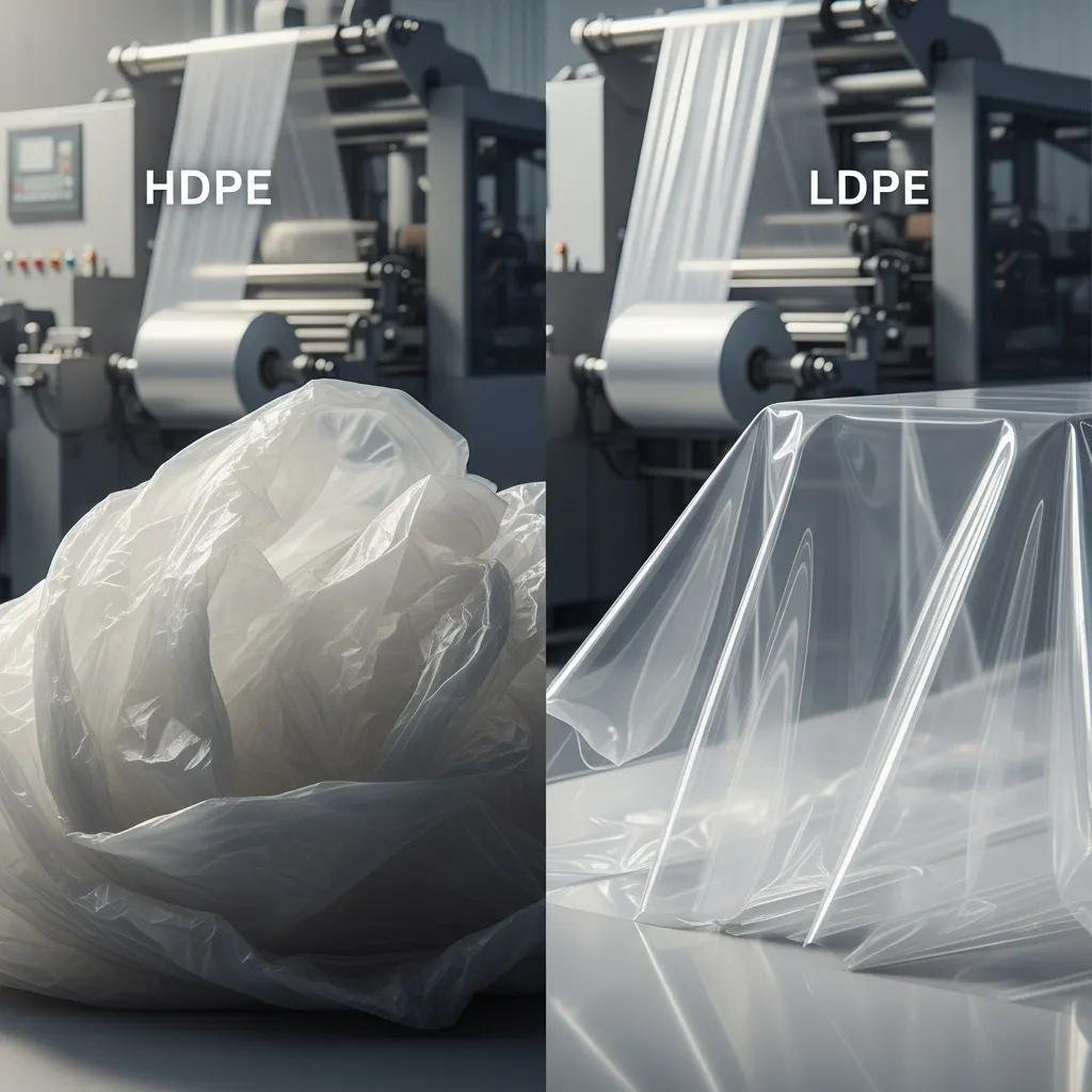 Muestra de materiales HDPE y LDPE utilizados en la producci&oacute;n de bolsas, con m&aacute;quina de fabricaci&oacute;n al fondo.