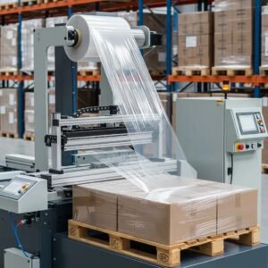 M&aacute;quina de estiramiento aplicando film a un pallet en un entorno de almac&eacute;n, destacando la producci&oacute;n de film pl&aacute;stico para paletizado.