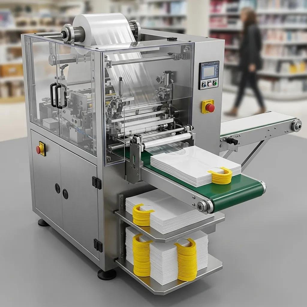 M&aacute;quina bolseadora camiseta en un entorno minorista, produciendo bolsas de pl&aacute;stico, con rollo de material en la parte superior y bandeja de salida con bolsas apiladas.