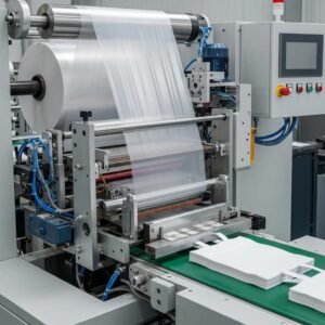 Máquina para hacer bolsas de plástico en acción, transformando película plástica en bolsas, destacando la eficiencia en la producción de bolsas de camiseta.