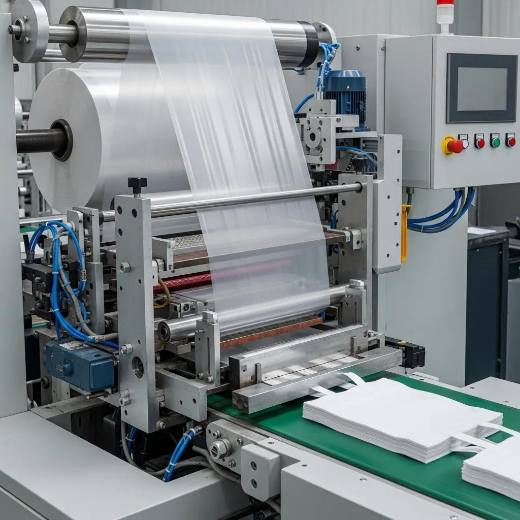 Máquina bolseadora de camiseta en acción, convirtiendo película plástica en bolsas de compras, mostrando el proceso de sellado, corte y apilamiento automatizado.