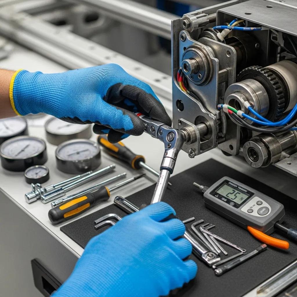 T&eacute;cnico calibrando el sistema de tensi&oacute;n de una m&aacute;quina de film estirable, con herramientas y medidores de presi&oacute;n visibles en la mesa de trabajo.