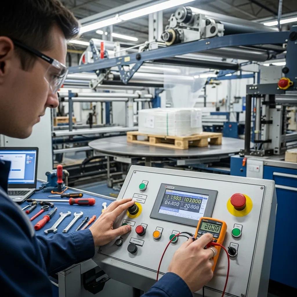 T&eacute;cnico ajustando el sistema de control de tensi&oacute;n en una m&aacute;quina de film estirable, con herramientas y pantalla de monitoreo en un entorno industrial.