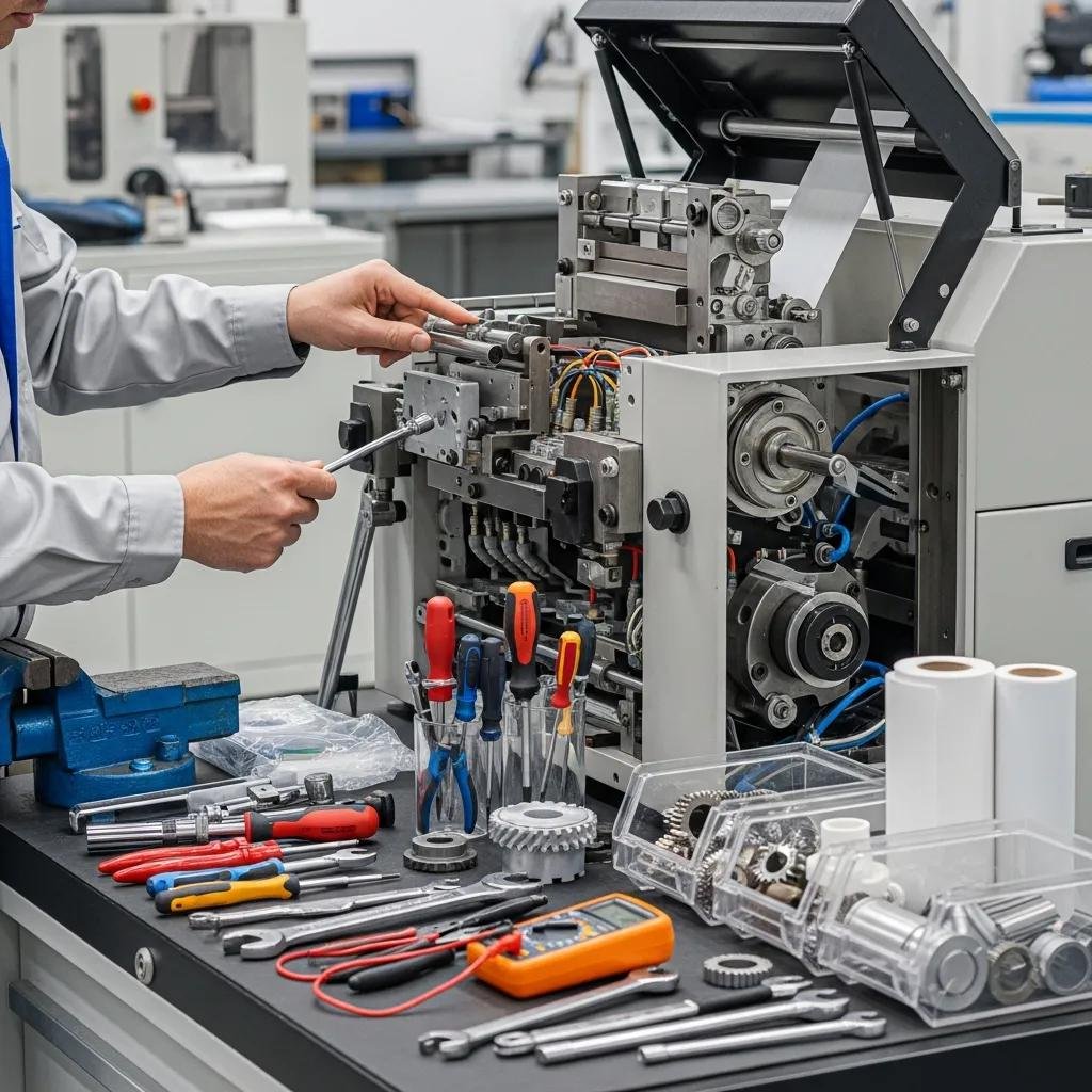 T&eacute;cnico realizando mantenimiento en una m&aacute;quina para popotes de papel, con herramientas y repuestos visibles sobre la mesa de trabajo.
