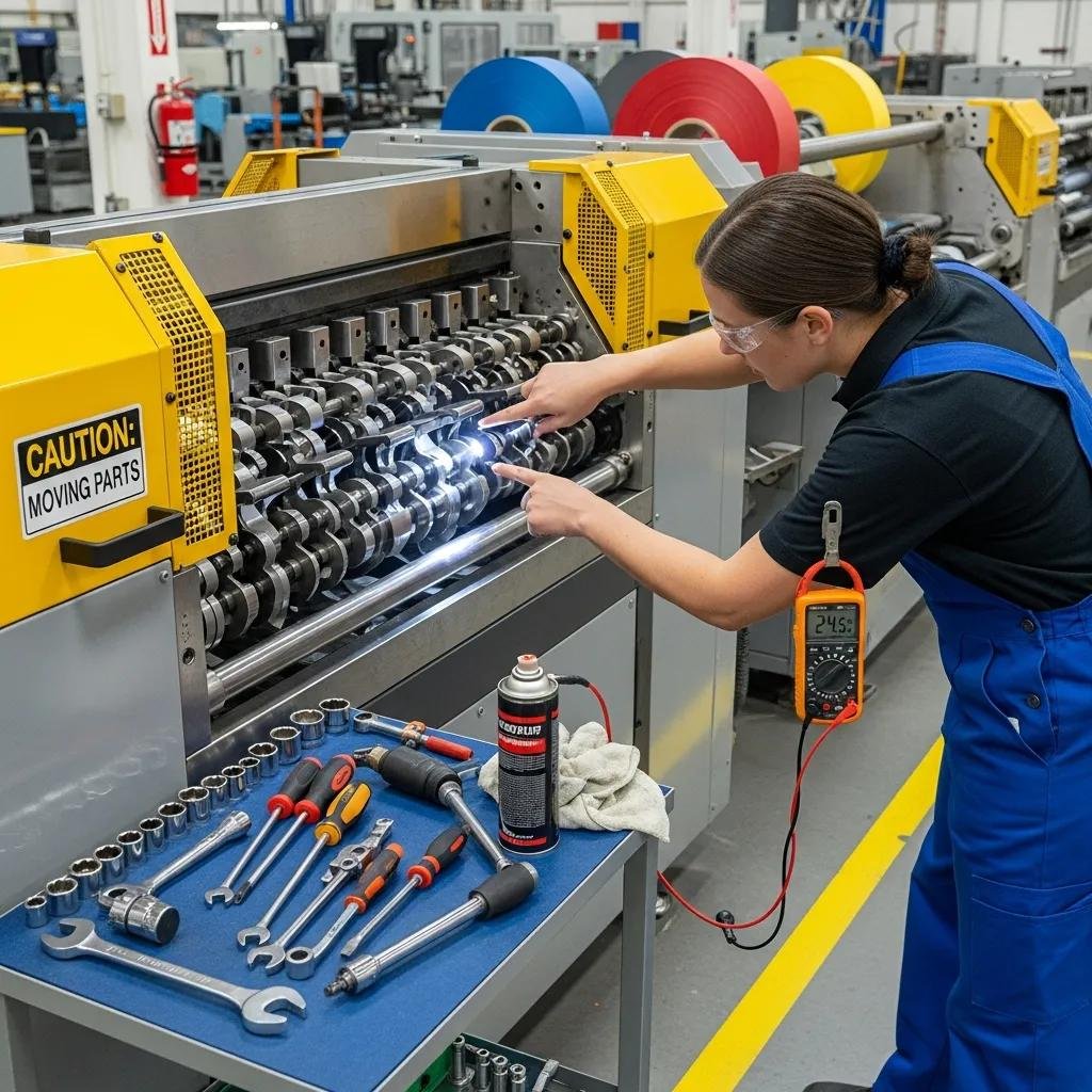 T&eacute;cnico realizando mantenimiento en una m&aacute;quina slitter rewinder, destacando mejores pr&aacute;cticas para el rendimiento, con herramientas y equipo de medici&oacute;n visibles.