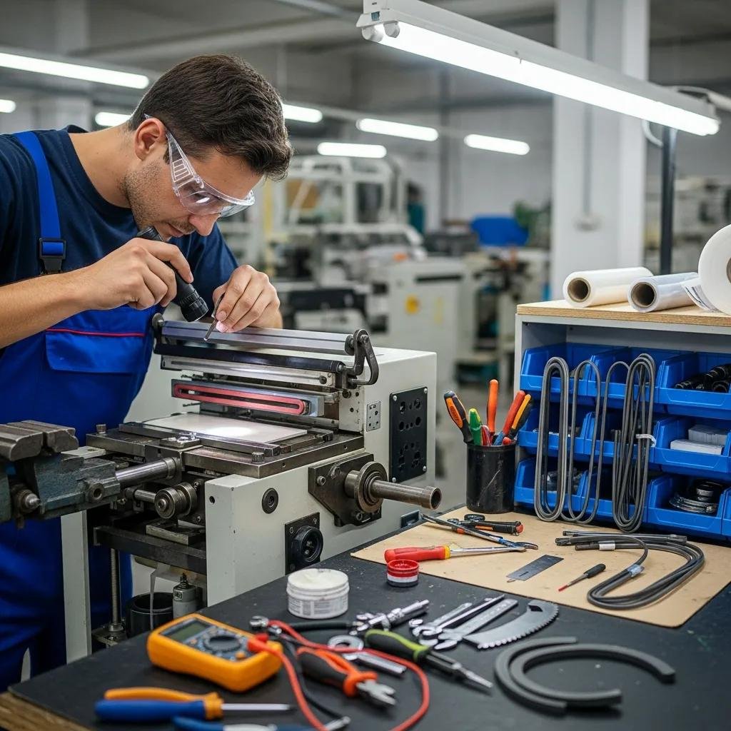 Técnico realizando mantenimiento en una máquina de fabricación de bolsas de camiseta, con herramientas y piezas de repuesto en la mesa de trabajo.