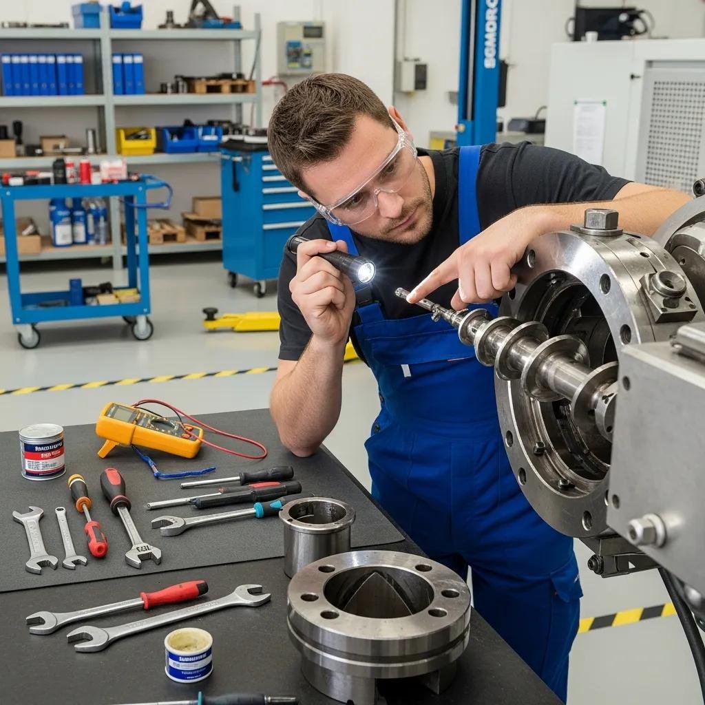 T&eacute;cnico realizando mantenimiento en una m&aacute;quina extrusora en un taller, con herramientas de reparaci&oacute;n y componentes visibles en la mesa, destacando la importancia del mantenimiento preventivo para extrusoras de film retr&aacute;ctil.