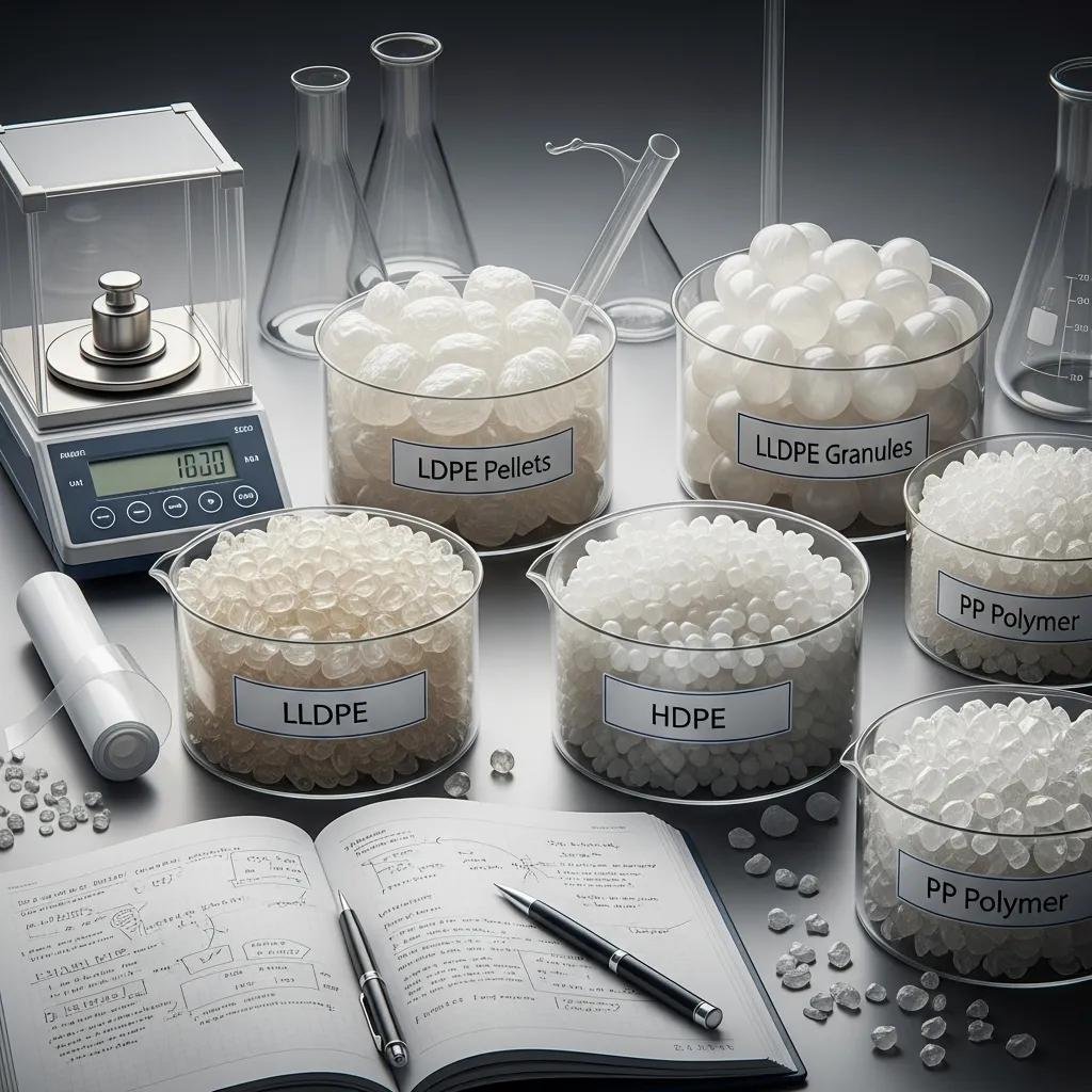 Muestra de polímeros como LDPE, LLDPE, HDPE y PP en frascos etiquetados, con balanza digital y cuaderno de notas en un entorno de laboratorio, ilustrando la selección de materiales para la producción de film tubular de alta calidad.