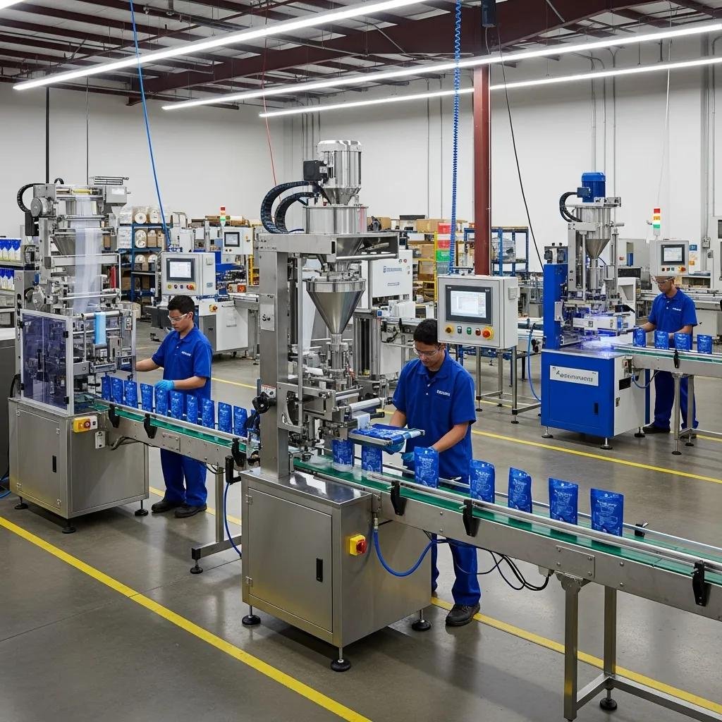M&aacute;quinas para bolsas pouch en una l&iacute;nea de producci&oacute;n automatizada, operarios trabajando en el llenado y sellado de empaques flexibles, destacando la eficiencia y tecnolog&iacute;a en el empaque moderno.