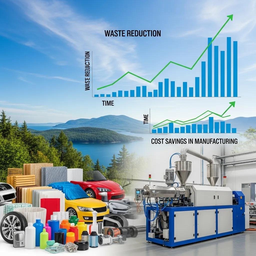 Gráficos de reducción de desechos y ahorro de costos en la fabricación, con extrusora de reciclaje de plástico y diversos productos plásticos reciclables en primer plano, destacando los beneficios económicos y ambientales del reciclaje.