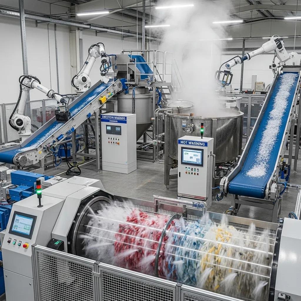 M&aacute;quina de lavado de pl&aacute;stico avanzada con sistemas de lavado en caliente y fricci&oacute;n, mostrando procesos de limpieza y separaci&oacute;n de contaminantes en un entorno industrial.