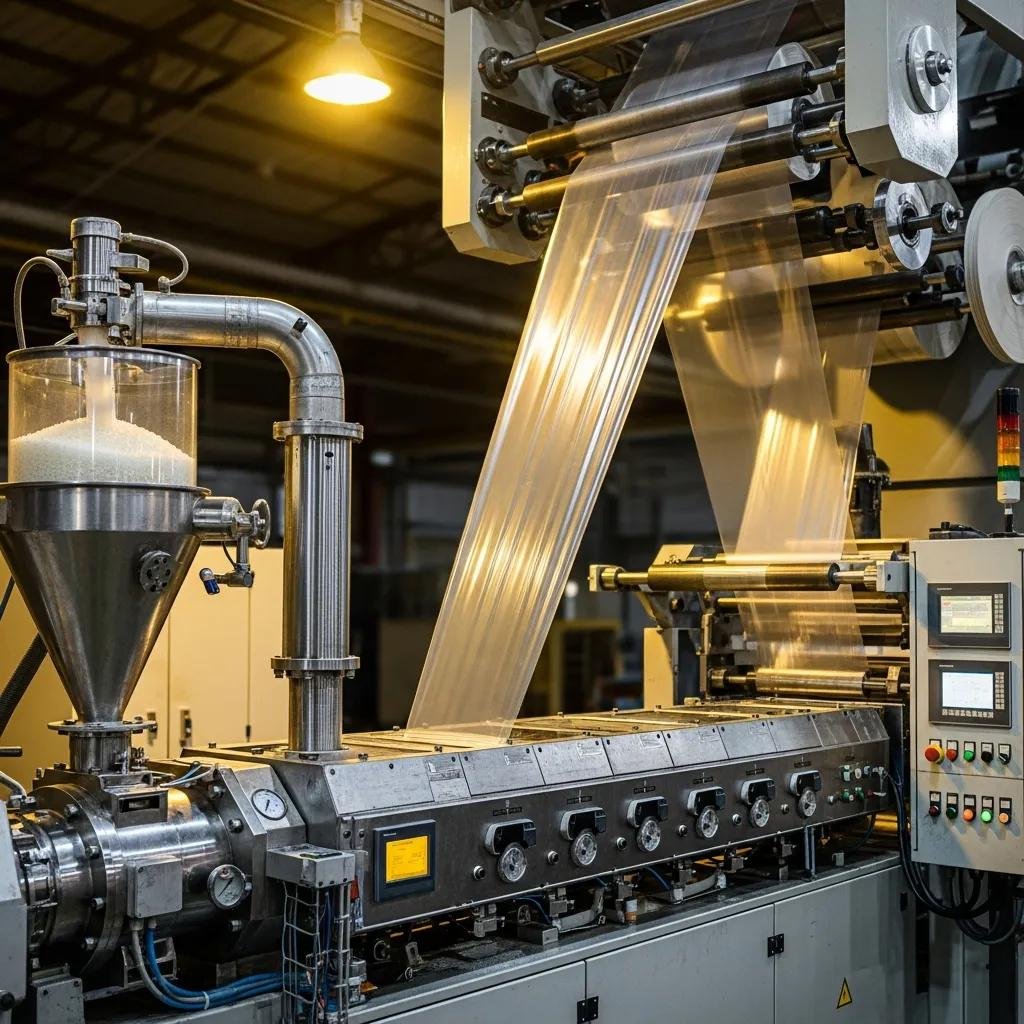 M&aacute;quina extrusora de film soplado en proceso, con pellets de pl&aacute;stico aliment&aacute;ndose y film transparente saliendo, destacando componentes clave como el sistema de enfriamiento y controles operativos.