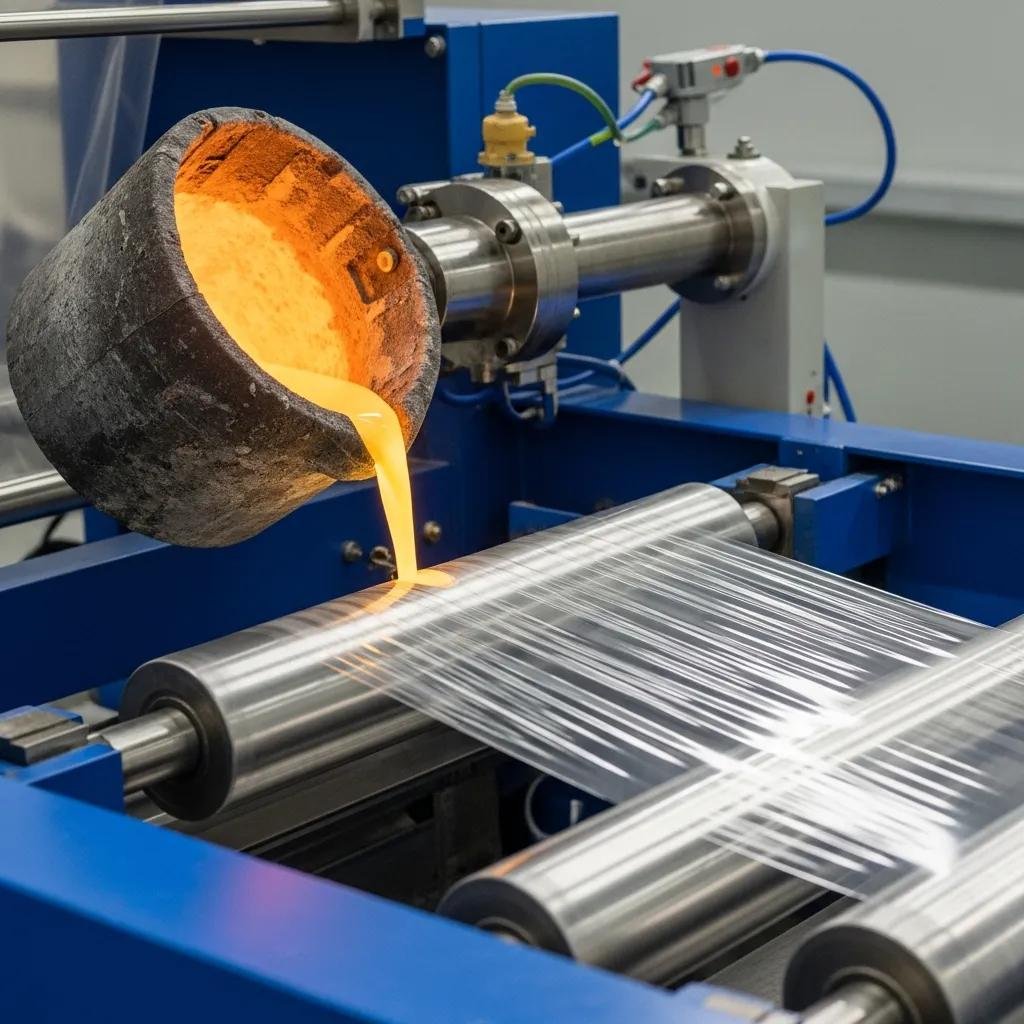 Proceso de extrusi&oacute;n de film cast, con pl&aacute;stico fundido verti&eacute;ndose sobre rodillos enfriadores, formando film delgado y transparente.