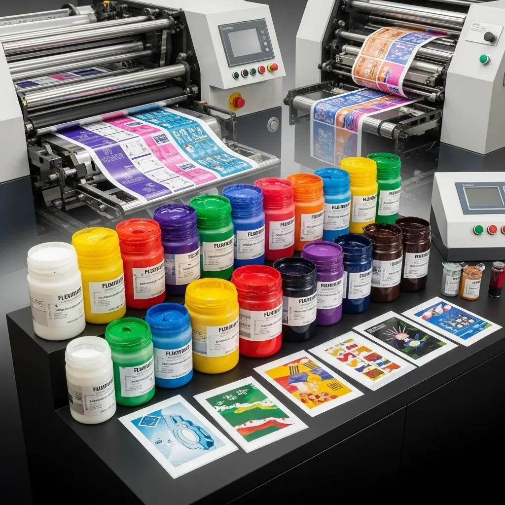 Contenedores de tinta coloridos y equipos de impresi&oacute;n flexogr&aacute;fica y huecograbado, con muestras impresas en pl&aacute;stico.
