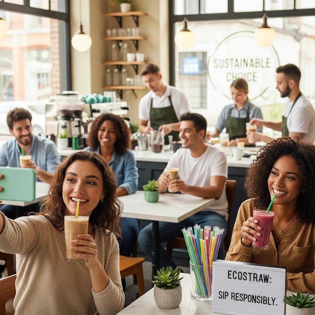 Consumidores disfrutando de bebidas con popotes biodegradables PLA en un caf&eacute; sostenible, con un ambiente amigable y un letrero que promueve el uso responsable de popotes.