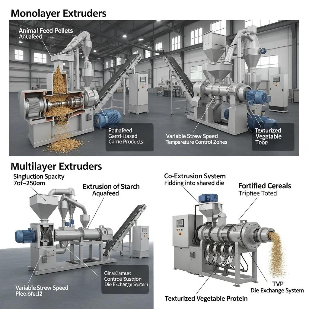 Extrusoras de film agr&iacute;cola monocapa y multicapa, mostrando caracter&iacute;sticas de producci&oacute;n de pellets de alimentaci&oacute;n animal y cereales fortificados, en un entorno industrial.