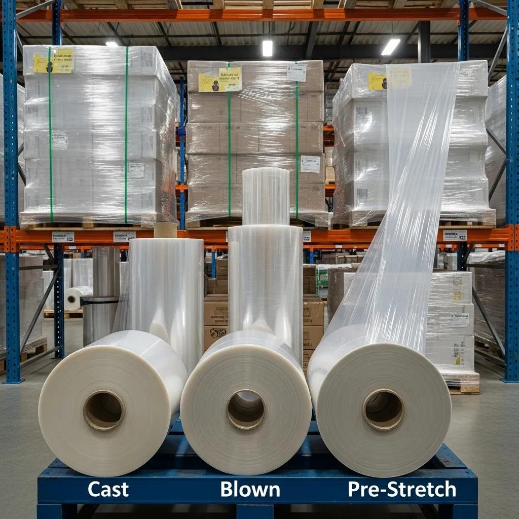 Rollos de film estirable en un almacén, incluyendo tipos Cast, Blown y Pre-Stretch, con paletas envueltas en film, destacando sus aplicaciones en embalaje y seguridad de carga.