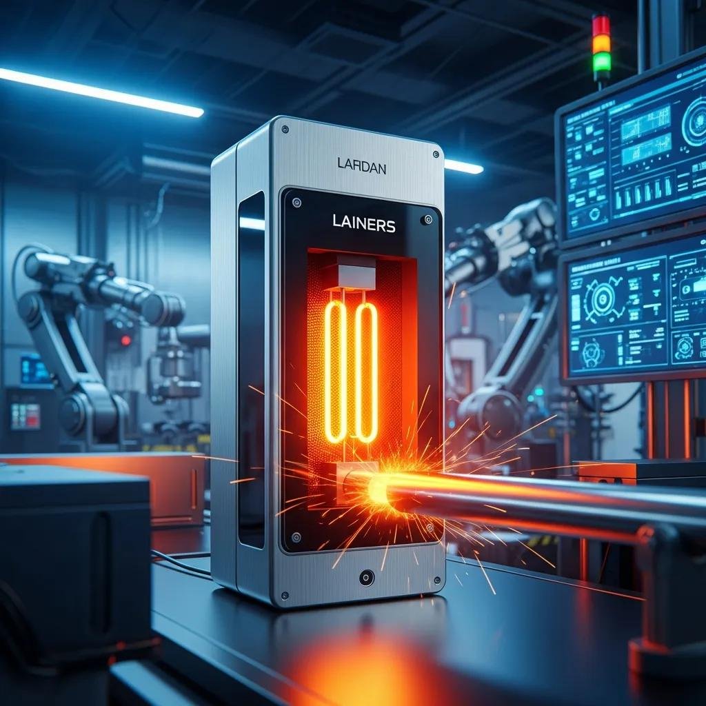 Calentador electromagn&eacute;tico Lainers emitiendo calor y chispas en un entorno industrial avanzado, optimizando el proceso de extrusi&oacute;n y eficiencia energ&eacute;tica.