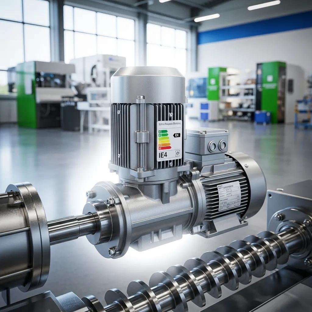 Motor de ahorro de energ&iacute;a para extrusoras en un entorno industrial sostenible, destacando su dise&ntilde;o eficiente y caracter&iacute;sticas de rendimiento.