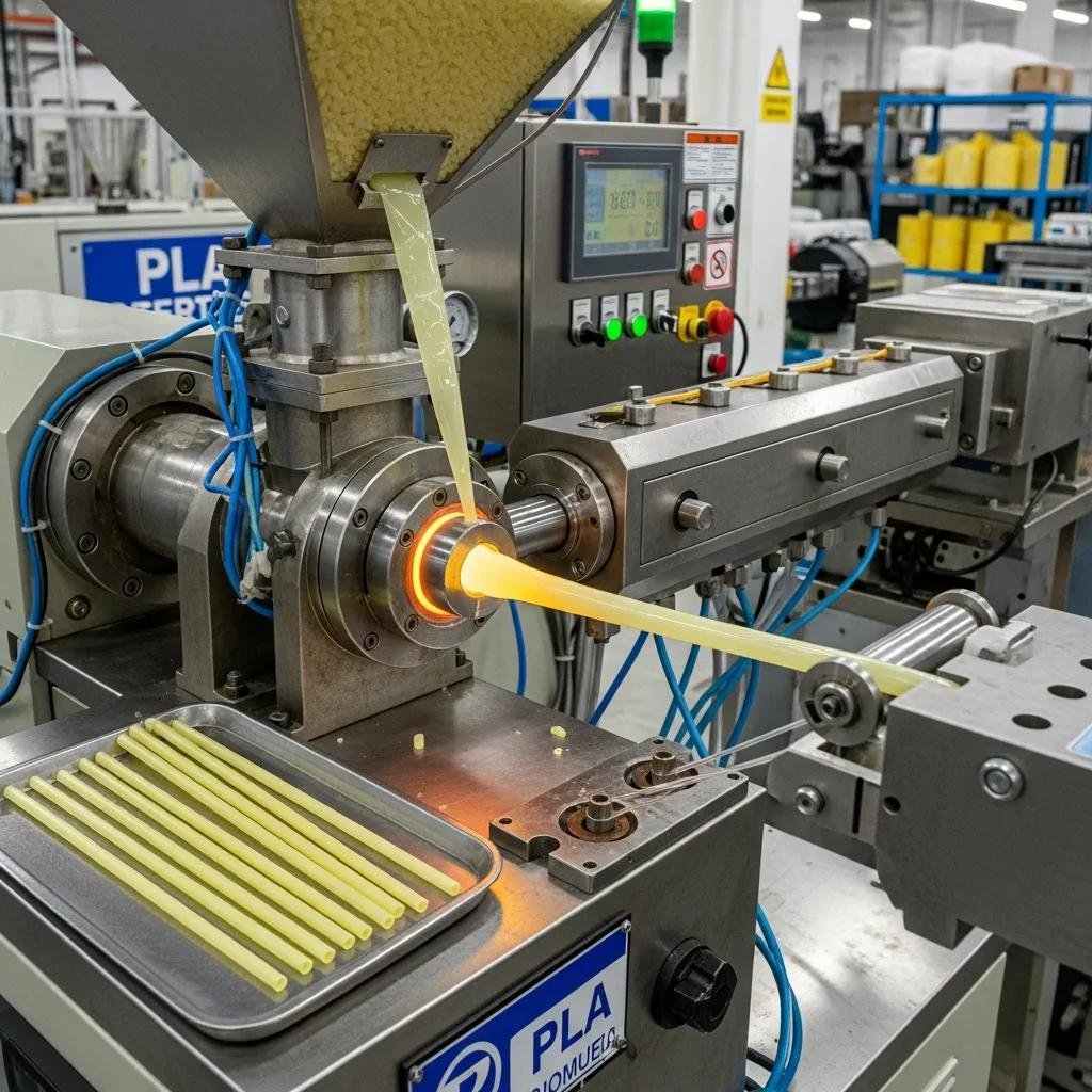 M&aacute;quina de extrusi&oacute;n de popotes PLA, mostrando el proceso de calentamiento y moldeado del material biodegradable, con popotes extruidos en bandeja.