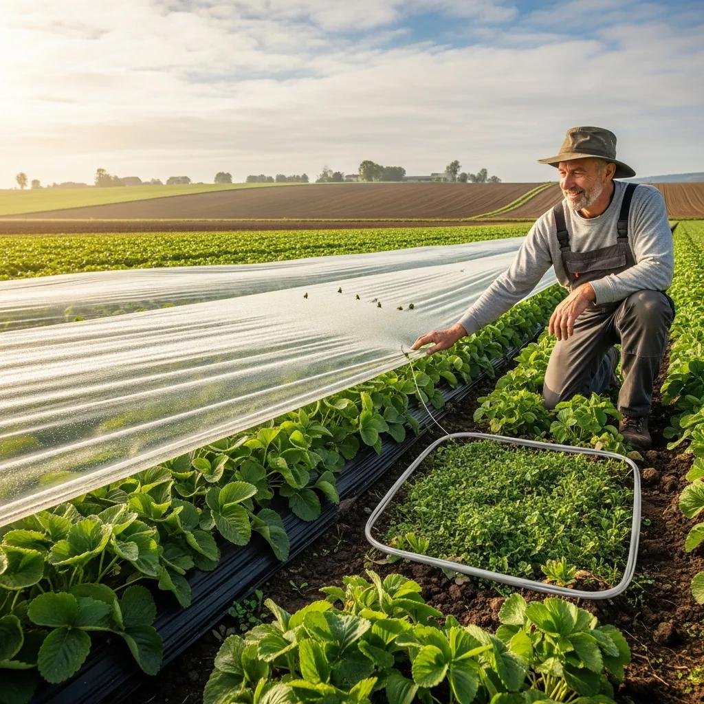 Agricultor inspeccionando cultivos saludables cubiertos con film agr&iacute;cola en un invernadero, resaltando la protecci&oacute;n y regulaci&oacute;n t&eacute;rmica para el crecimiento &oacute;ptimo de las plantas.