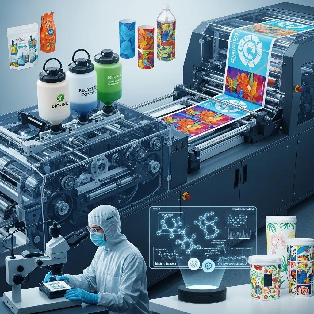 Impresora de alta tecnolog&iacute;a con tintas ecol&oacute;gicas, envases impresos coloridos, y un cient&iacute;fico analizando formulaciones de tinta en un microscopio, representando innovaciones en impresi&oacute;n sostenible para pl&aacute;sticos.