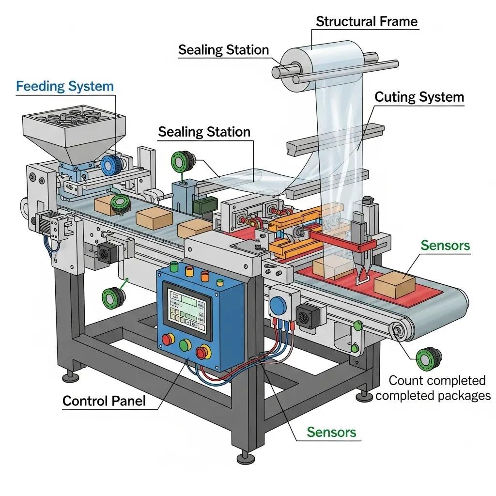 Sistema de m&aacute;quina bolseadora ilustrando componentes clave: estaci&oacute;n de sellado, sistema de corte, sistema de alimentaci&oacute;n, panel de control y sensores, destacando su funci&oacute;n en el proceso de empaque.