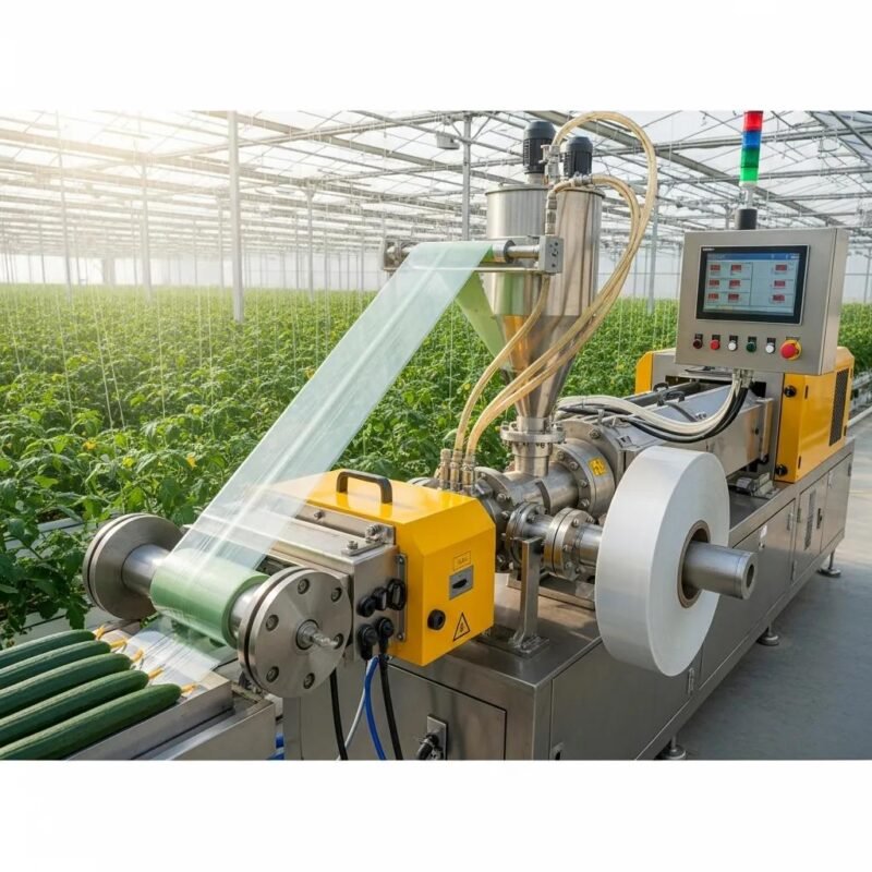 M&aacute;quina extrusora moderna produciendo pel&iacute;cula pl&aacute;stica en invernadero, con rollo de film y vegetaci&oacute;n de fondo.
