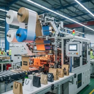 M&aacute;quina moderna para la fabricaci&oacute;n de bolsas de pl&aacute;stico, destacando tecnolog&iacute;a avanzada y eficiencia en la producci&oacute;n, con rollos de material y bolsas terminadas en una l&iacute;nea de ensamblaje.