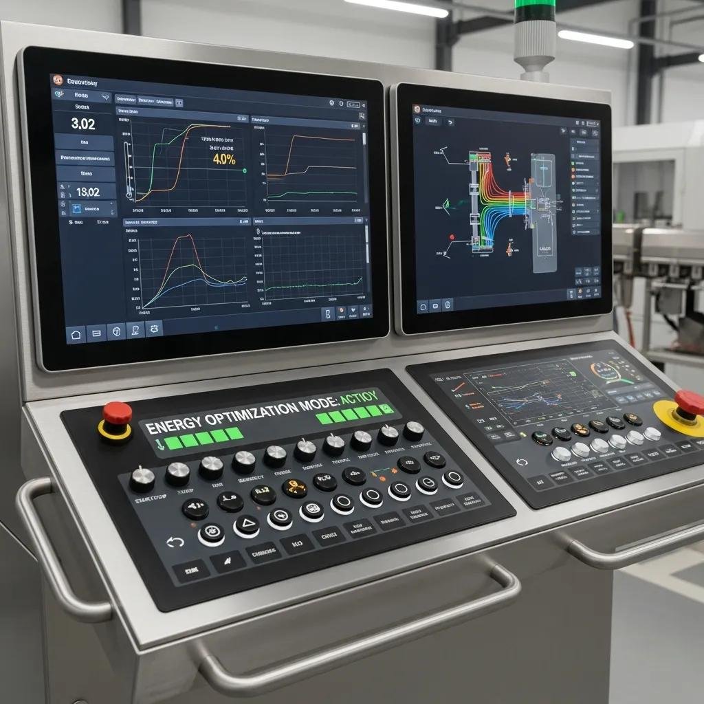 Panel de control moderno para optimizaci&oacute;n del consumo energ&eacute;tico en maquinaria de extrusi&oacute;n, con gr&aacute;ficos de rendimiento y modo de optimizaci&oacute;n energ&eacute;tica visible.
