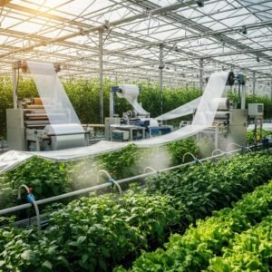 Invernadero moderno con extrusoras produciendo film pl&aacute;stico protector para cultivos, rodeado de plantas verdes saludables.