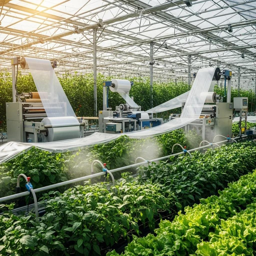 Extrusoras de film en invernadero produciendo pel&iacute;culas pl&aacute;sticas para protecci&oacute;n de cultivos, rodeadas de plantas verdes y riego.