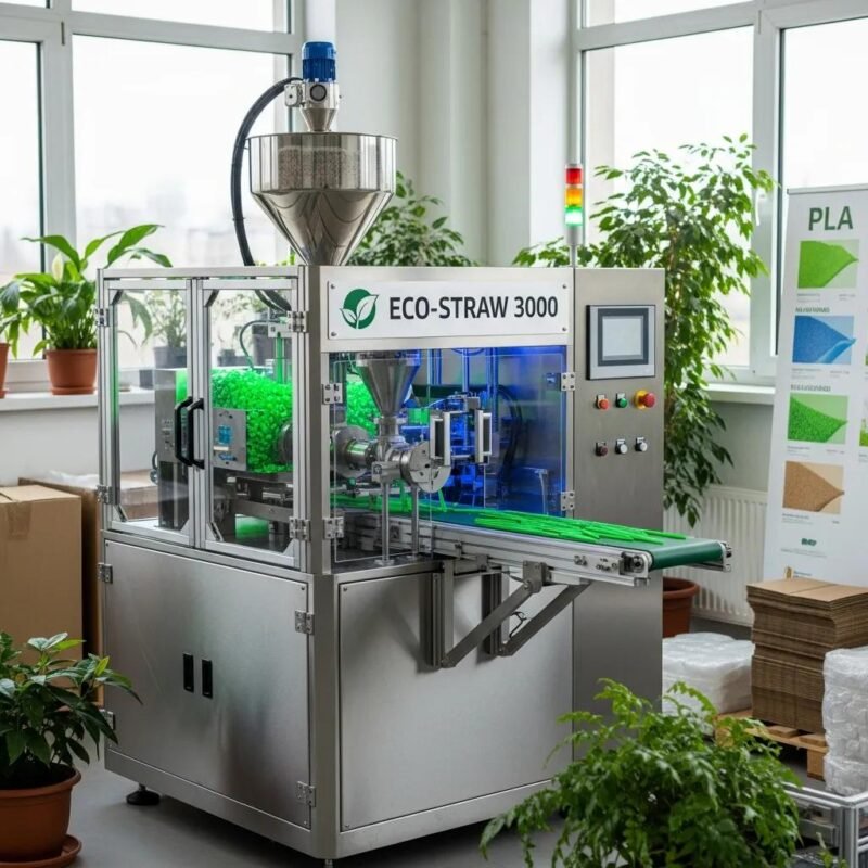 M&aacute;quina ECO-STRAW 3000 para producci&oacute;n de popotes biodegradables, con componentes ecol&oacute;gicos y entorno sostenible.