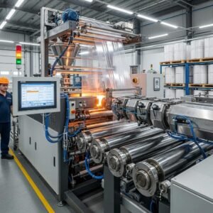 M&aacute;quina extrusora de pel&iacute;cula de pl&aacute;stico en una f&aacute;brica, destacando el proceso de producci&oacute;n y tecnolog&iacute;a para el reciclaje de pl&aacute;sticos.