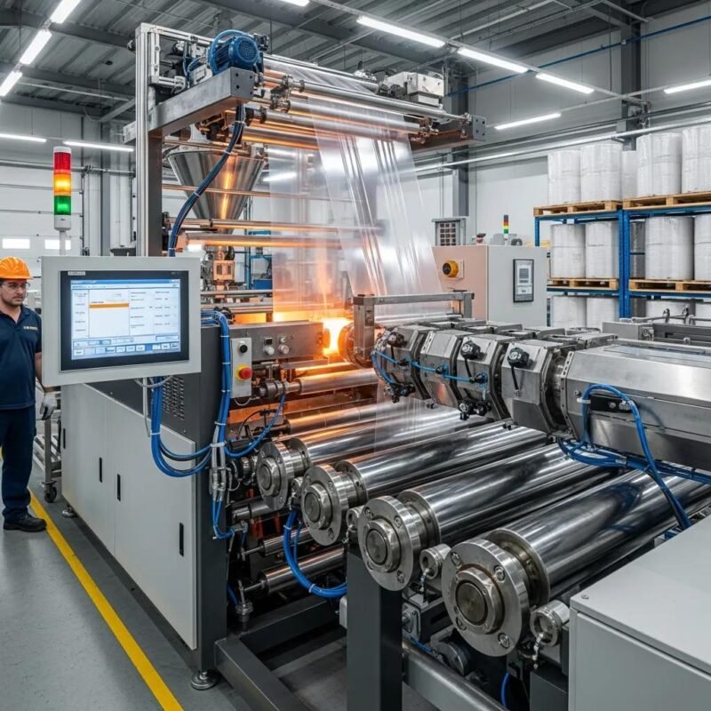 M&aacute;quina extrusora de film de pl&aacute;stico en f&aacute;brica, destacando tecnolog&iacute;a avanzada y proceso de producci&oacute;n de bolsas pl&aacute;sticas.