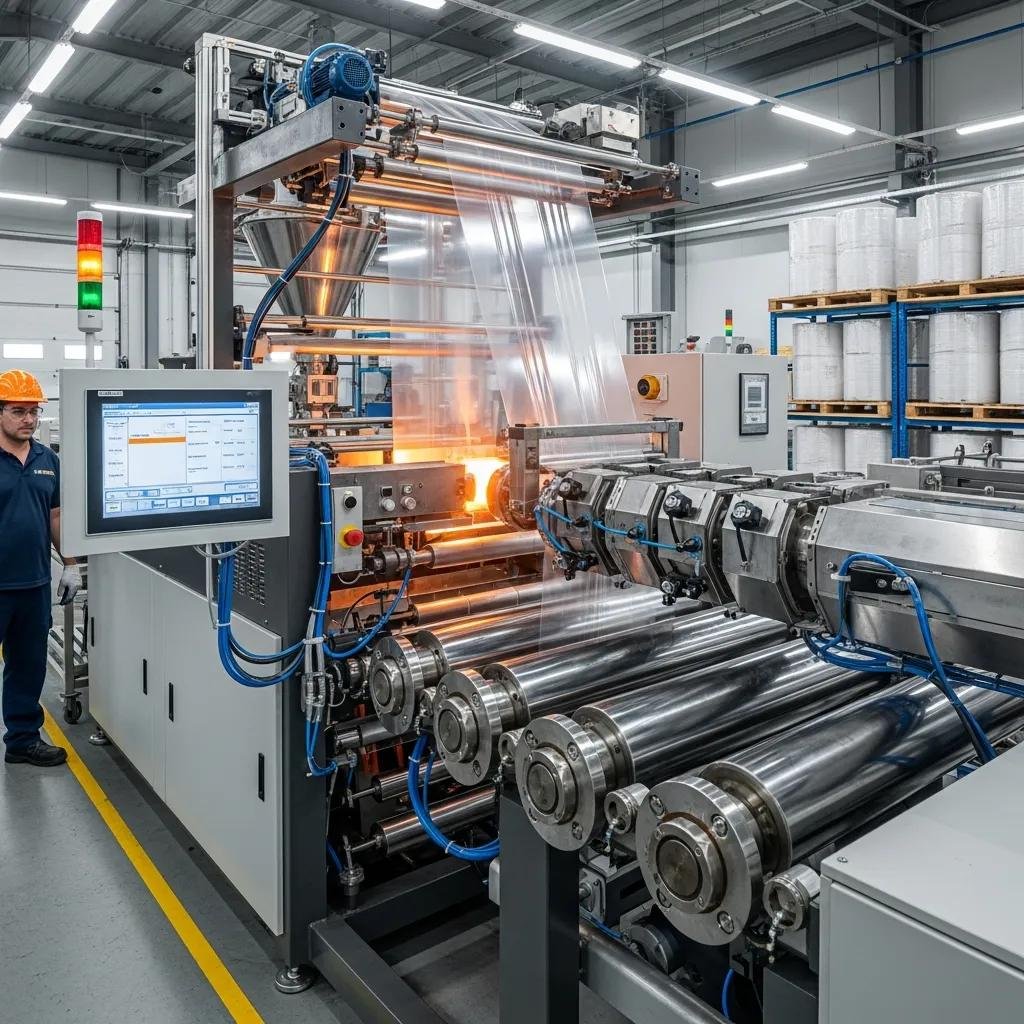 M&aacute;quina extrusora de film de embalaje en una f&aacute;brica, produciendo film pl&aacute;stico con tecnolog&iacute;a avanzada y procesos de extrusi&oacute;n.