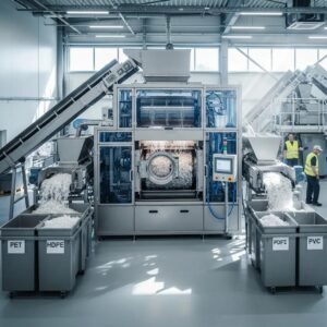 M&aacute;quina de lavado de pl&aacute;stico en una instalaci&oacute;n de reciclaje, mostrando tecnolog&iacute;a avanzada y eficiencia, con contenedores etiquetados para PET, HOPE y PVC.