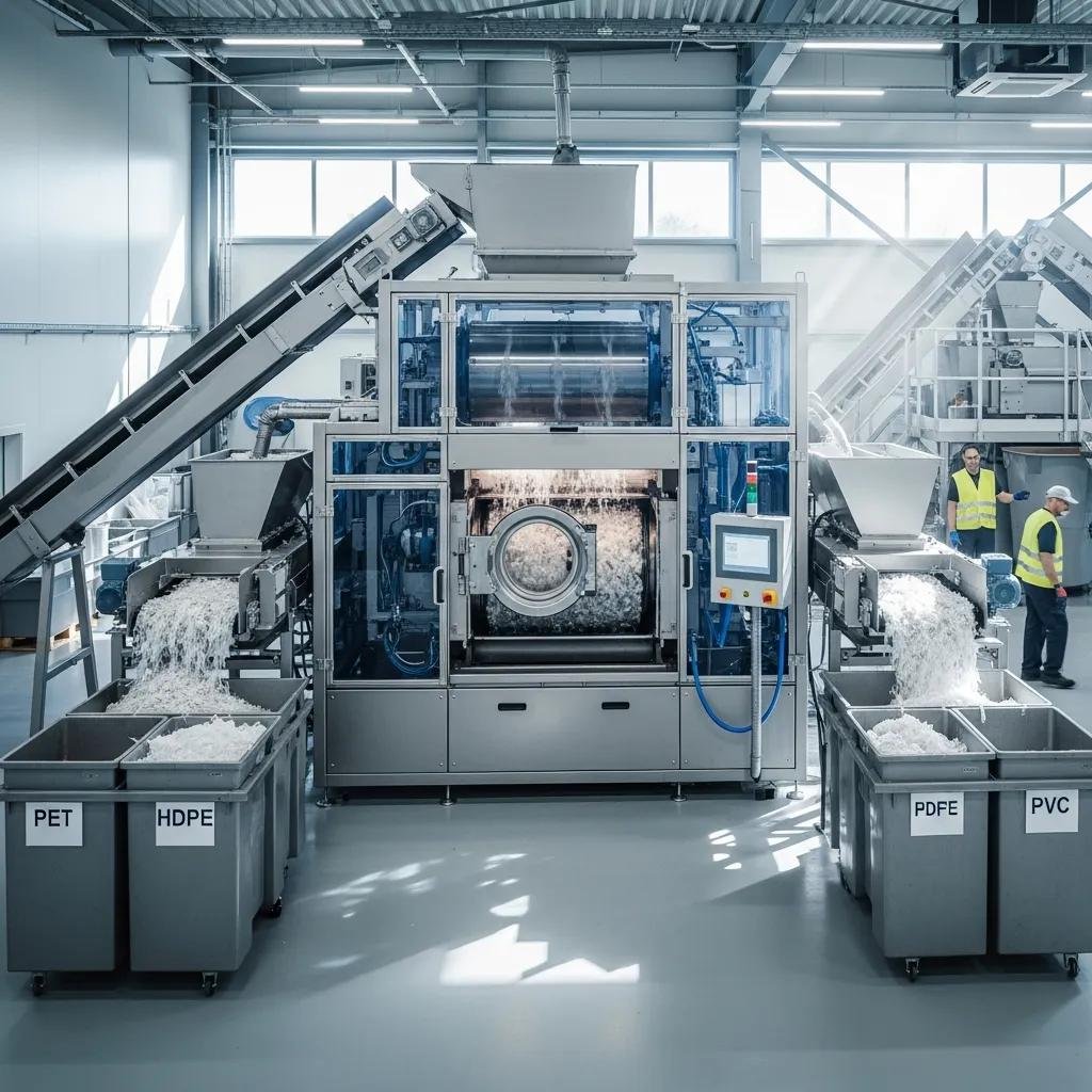 M&aacute;quina de lavado de pl&aacute;stico en una instalaci&oacute;n de reciclaje, mostrando tecnolog&iacute;a avanzada y eficiencia en el proceso de limpieza de materiales reciclables como PET y HDPE.