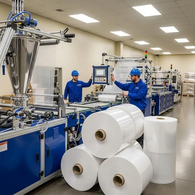 L&iacute;nea de producci&oacute;n de film estirable con trabajadores y maquinaria en una moderna instalaci&oacute;n de empaquetado de Evergreen, fabricante de m&aacute;quinas para hacer bolsas de pl&aacute;stico.