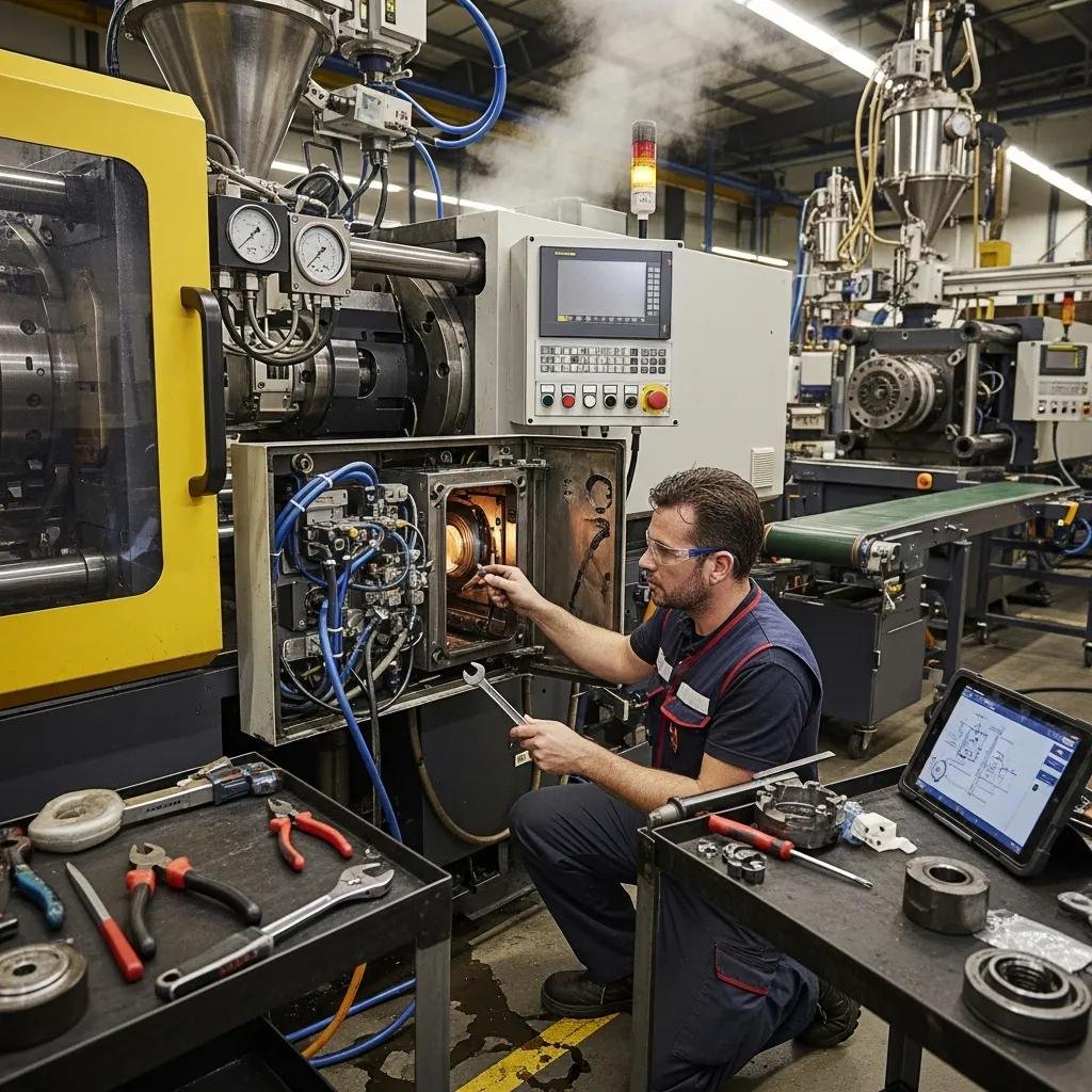 T&eacute;cnico realizando reparaciones de emergencia en maquinaria pl&aacute;stica en un taller, con herramientas y equipo de diagn&oacute;stico visible.