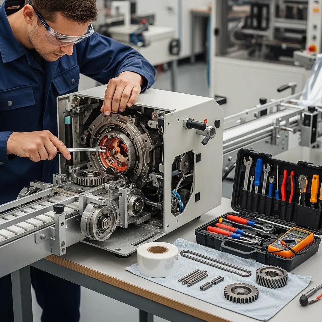 T&eacute;cnico realizando mantenimiento en una m&aacute;quina bolseadora, destacando la importancia de refacciones de calidad y el mantenimiento adecuado para la durabilidad del equipo.
