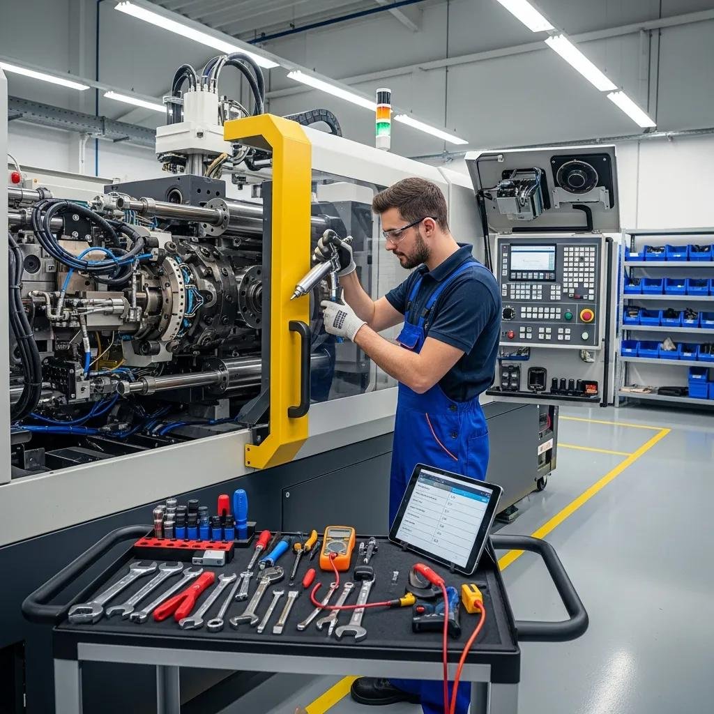 T&eacute;cnico realizando mantenimiento preventivo en maquinaria pl&aacute;stica, utilizando herramientas avanzadas para optimizar el rendimiento y prevenir fallas.