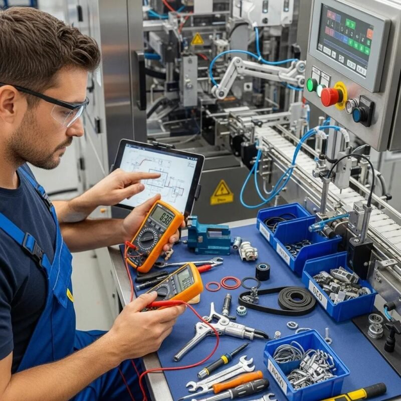 T&eacute;cnico realizando mantenimiento preventivo en m&aacute;quina de envasado, utilizando mult&iacute;metros y tablet, destacando la importancia del mantenimiento para el rendimiento &oacute;ptimo de maquinaria en la fabricaci&oacute;n de bolsas de pl&aacute;stico.