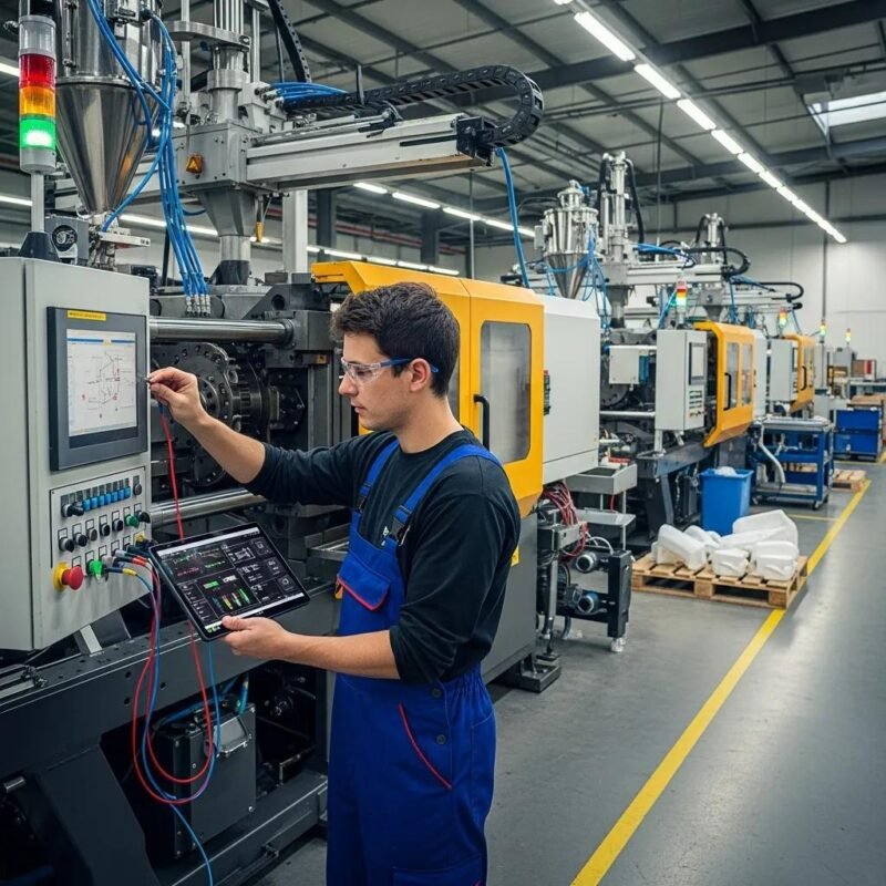 T&eacute;cnico supervisando maquinaria de fabricaci&oacute;n de bolsas de pl&aacute;stico, utilizando una tablet para soporte t&eacute;cnico en un entorno industrial.
