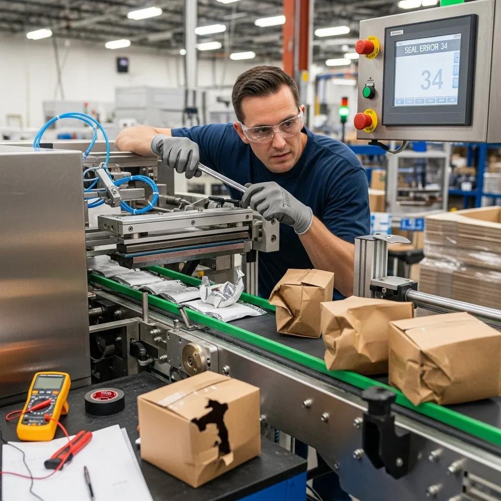 T&eacute;cnico ajustando m&aacute;quina de envasado, inspeccionando problemas de sellado y realizando mantenimiento preventivo en un entorno industrial.