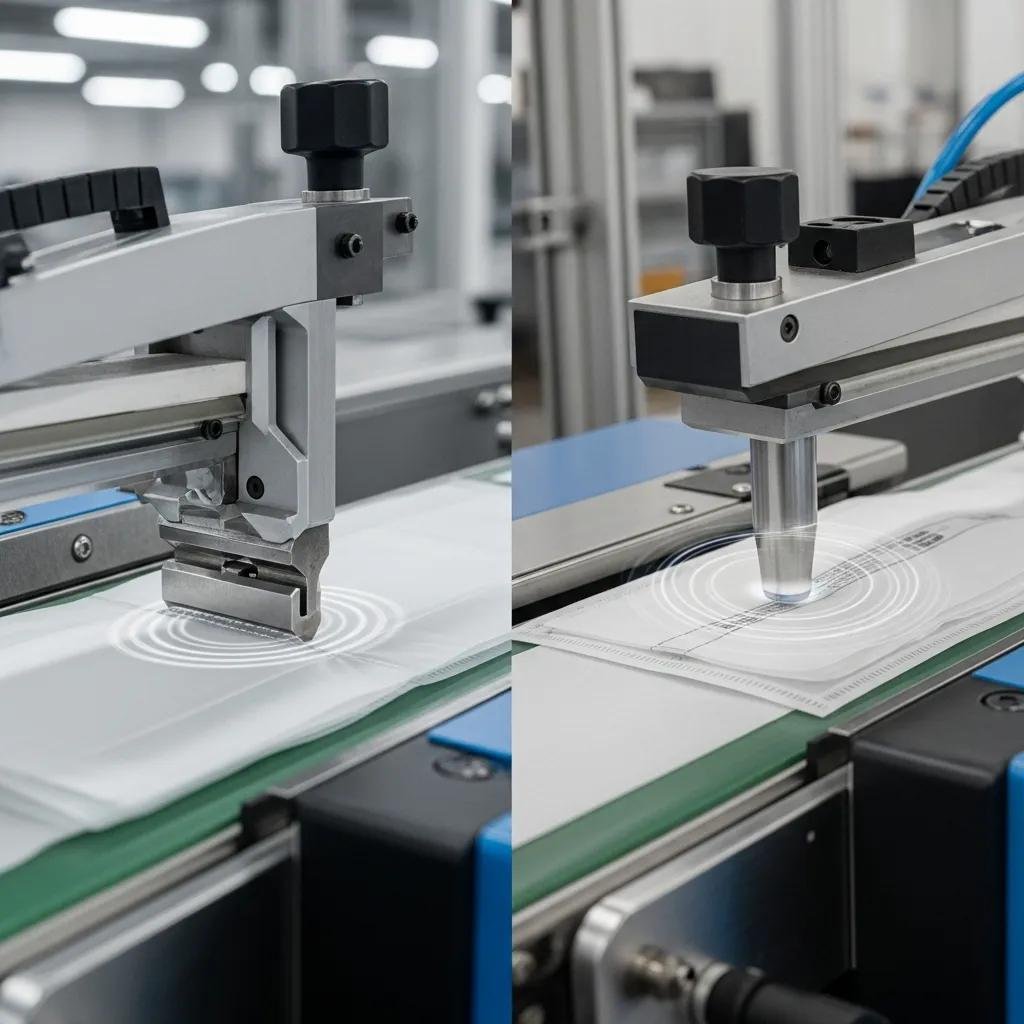 Tecnolog&iacute;as de sellado en la producci&oacute;n de bolsas, mostrando procesos de termosellado y sellado ultras&oacute;nico, con maquinaria especializada y materiales de empaque.