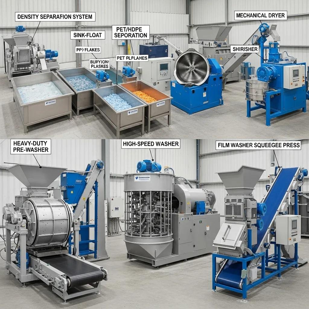 M&aacute;quinas de lavado industrial de pl&aacute;stico, incluyendo sistemas de separaci&oacute;n de densidad, prelavadoras pesadas, lavadoras de alta velocidad y prensa de squeegee para film, destacando su tecnolog&iacute;a y aplicaciones en el reciclaje de pl&aacute;sticos.