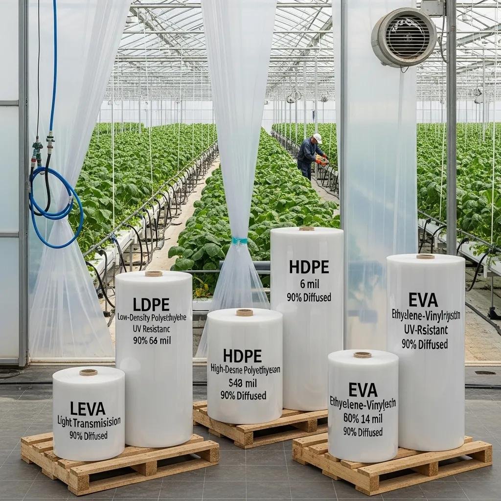 Botes de pel&iacute;culas pl&aacute;sticas para invernaderos etiquetados como LDPE, HDPE, EVA y LEVA, con un trabajador en el fondo cuidando cultivos.