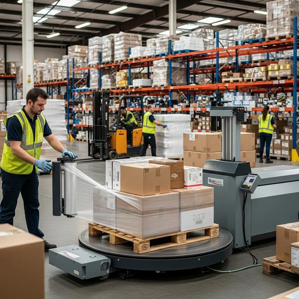 Trabajador utilizando una máquina de envoltura de film estirable para asegurar un pallet de cajas en un almacén, con estanterías llenas de productos al fondo.